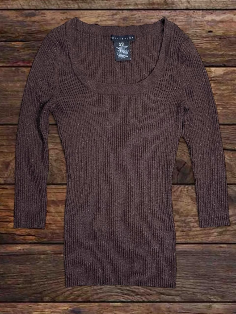 Apostrophe Chocolate Brown Ribbed Scoop-Neck Sweater